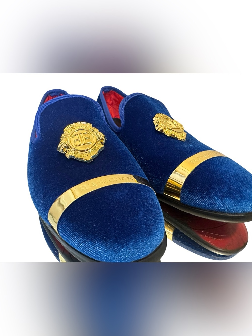 Men's Velvet Slip-On Loafers in Royal Blue with Gold Accents
